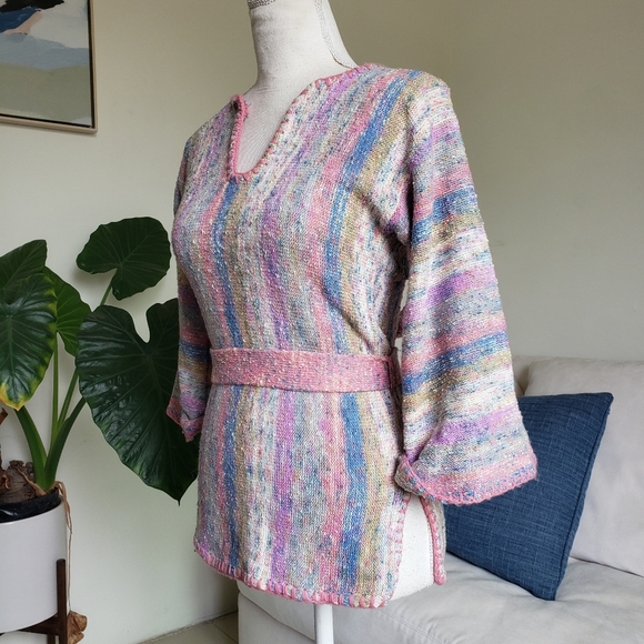Vintage 70s Foxmoor Knit Colorful Stripe Tie Back Top - Picture 3 of 8